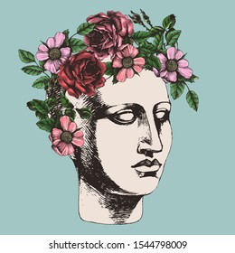 Portrait of antique sculpture head with roses wreath. Hand-drawn vector illustration for your classic or modern design.