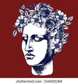 Portrait of antique sculpture head with roses wreath. Hand-drawn vector illustration for your classic or modern design.