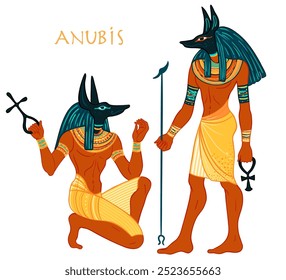 Portrait of Anubis. in Ancient Egyptian, god of death, mummification, embalming, the afterlife, cemeteries, tombs, and the Underworld. Vector isolated illustration.