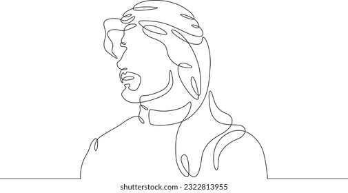 Portrait of an Arab man. Eastern man. Arab national clothes. Shemagh, Arabic shawl, keffiyeh. One continuous line. Linear.One continuous line drawn isolated, white background.