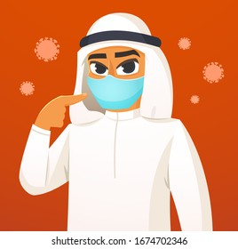 Portrait of Arabian man wearing medical surgical mask pointing to a medical mask, setting an example of precautionary measures in public place during the Сoronavirus epidemic, vector illustration