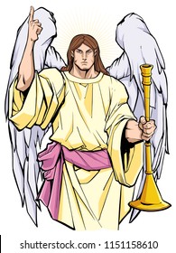 Portrait of Archangel Gabriel praising the lord and holding a trumpet. 