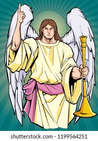 Portrait of Archangel Gabriel praising the lord and holding a trumpet. 