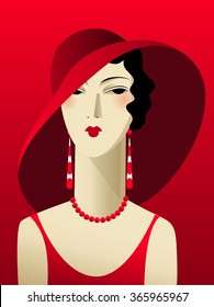 Portrait Art Deco Woman In A Red Dress And A Wide-brimmed Hat