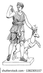 Portrait of Artemis, goddess of hunting holding a deer with one hand and her other hand is on arrows, vintage line drawing or engraving illustration.