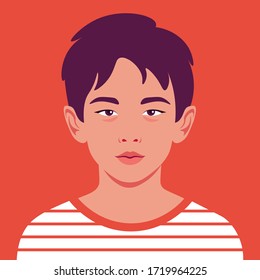 Portrait of an Asian boy. The face of an oriental child. Avatar of a schoolboy. Vector flat illustration