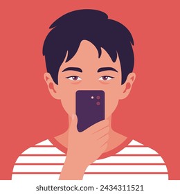 Portrait of an Asian boy with a smartphone. Avatar of a schoolboy. Vector flat illustration