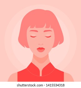 Retrato de una chica asiática con los ojos cerrados. Meditación y relajación. Armonía. Ilustración plana del vector