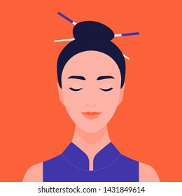 Portrait of an Asian girl with closed eyes. Meditation and relaxation. Harmony. Vector flat illustration