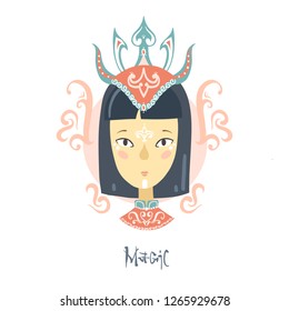 Portrait of an Asian girl in a crown with a pattern on her face. Folk motives. Beautiful avatar, romantic mysterious theme.