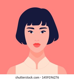 Portrait of an Asian girl. Eastern student. Avatar schoolgirl. Vector flat illustration