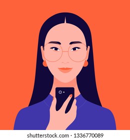 Portrait of an Asian girl holding a mobile phone in her hand. Avatar female student with glasses. Addiction on the Internet and social networks. Vector Flat Illustration
