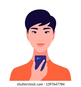 Portrait of an Asian girl holding a mobile phone in her hand. Avatar female student. Addiction on the Internet and social networks. Vector Flat Illustration