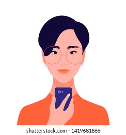 Portrait of an Asian girl holding a mobile phone in her hand. Avatar female student. Addiction on the Internet and social networks. Vector Flat Illustration