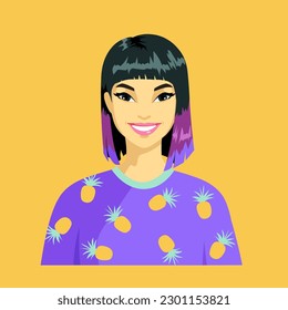 Portrait of an Asian girl with purple strands of hair. Young woman with bangs and a bob haircut. Dressed in purple clothes with pineapples. Avatar on a yellow background. Cartoon, vector.