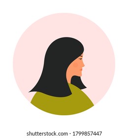 Portrait of asian girl in side view. Woman avatar profile flat design. Vector illustration