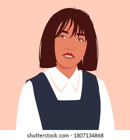 Portrait of a Asian high school girl in school uniform. Schoolgirl avatar for social networks. Colorful vector illustration in flat cartoon style.