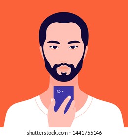 Portrait of an Asian male holding a mobile phone in his hand. Avatar bearded man. Addiction on the Internet and social networks. Vector Flat Illustration