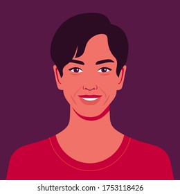 Portrait of an Asian man. Avatar of a happy guy. Colorful portrait. Oriental student of the university. Vector flat illustration