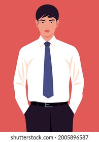 Retrato de un hombre asiático vestido con una camisa blanca de oficina y corbata de cuello. Ilustración plana vectorial.