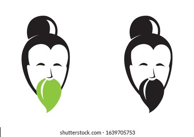 Portrait of Asian Old man with beard. Logo for tea company or packaging with tea leaves. Vector illustration icon