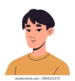 Portrait of Asian person in casual clothes. Happy young man avatar. Male face, head of Chinese, Korean, Japanese nationality for user profile. Flat isolated vector illustration on white background