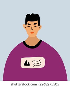 Portrait Asian teenager in longsleeve. Profile portrait of male cartoon character. Avatar of a Chinese man. Diversity. Flat vector illustration isolated on background.