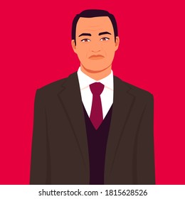 Portrait Of Asian Upset Man In Business Suit. Avatar For Social Networks. Colorful Vector Illustration In Flat Cartoon Style.