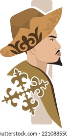 Portrait of an Asian warrior, batyr, in a stylistic image with national ornaments