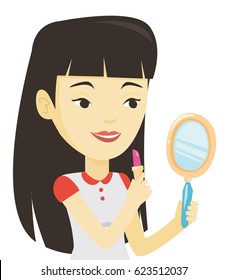 Portrait of asian woman doing makeup and looking in hand-mirror. Woman rouge lips with red color lipstick. Young woman paints her lips. Vector flat design illustration isolated on white background.