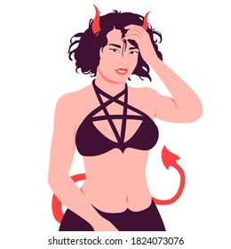Portrait of an asian woman dressed in a succubus costume for halloween. Halloween carnival costume. Colorful vector illustration in flat cartoon style.