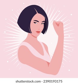 Portrait of an Asian woman in half-turn showing her arm and muscles. Gesture. Women’s rights and diversity. Avatar for social media. Vector illustration in flat style.