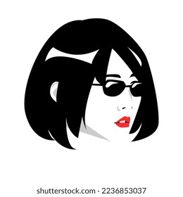 portrait of an Asian woman with short hair style using glasses. vector design. silhouette. isolated white background.