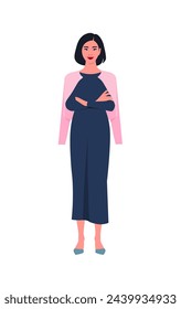 Portrait of an Asian woman stands full-length with arms crossed. Popular office professions and business. Vector flat illustration