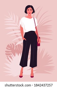 Portrait of an Asian woman who stands in full height with shoulder bag. Vector illustration