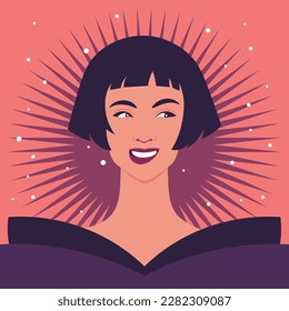 Portrait of an Asian young woman. Avatar of a naughty and playful teenager. A fashion model. Vector illustration in flat style.