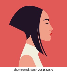 A portrait of an Asian young woman in profile. A fashion student’s head. Side view. Diversity. Avatar. Vector flat illustration