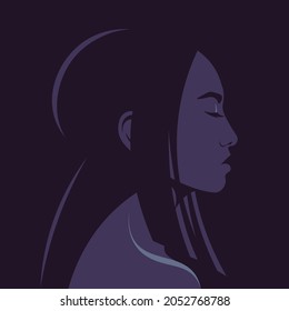 A portrait of an Asian young woman in profile. A fashion model’s head with her eyes closed on a dark background. Side view. Avatar. Vector flat illustration