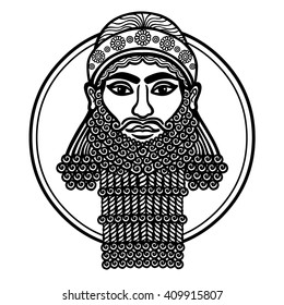 Portrait of the Assyrian man. Character of Sumer mythology. Isolated on a white background.