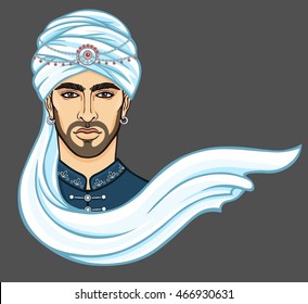 Portrait of the attractive Arab man in a turban. The vector illustration isolated on a grey background.