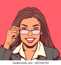 Portrait Of Attractive Business Woman Holding Glasses Vector Illustration