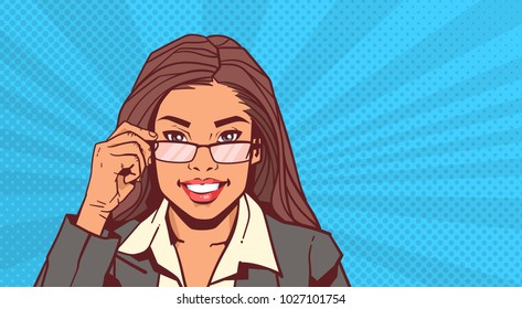 Portrait Of Attractive Business Woman Holding Glasses Over Pop Art Pinup Background Vintage Style Vector Illustration