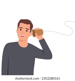 Portrait of attractive cheerful funky man using rope phone contact. Flat vector illustration isolated on white background