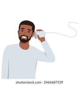 Portrait of attractive cheerful funky man using rope phone contact. Flat vector illustration isolated on white background