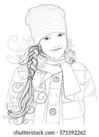 Portrait of an attractive girl. Linear vector black & white illustration