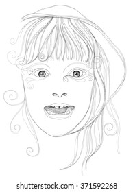 Portrait of an attractive girl. Linear vector black & white illustration