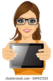 portrait of attractive woman with glasses displaying tablet in horizontal position isolated on white background