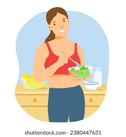 Portrait attractive woman hold salad bowl. Beautiful sport girl in sportswear enjoy eat clean 
exercise after exercise for health. Diet and Healthy food concept.