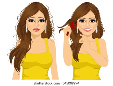 portrait of attractive woman with long tangled hair brushing hair with comb