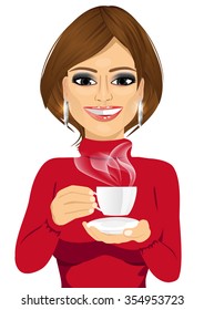 portrait of attractive young woman drinking coffee isolated on white background